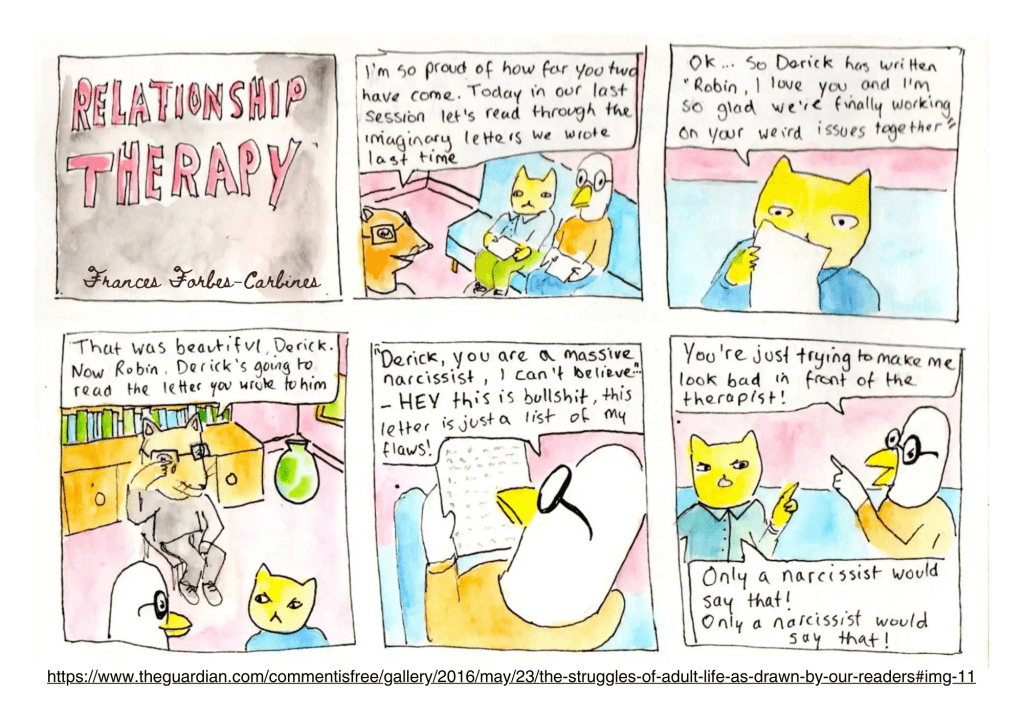 A 6-panel comic called Relationship Therapy, by Frances Forbes-Carbines. A humanoid cat and bird are sitting on a sofa, facing some kind of bespectacled squirrel, who is supposedly their relationship therapist. 